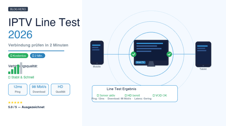 IPTV Line Test 2026: Smart TV, Smartphone und Tablet verbunden mit Signal-Ringen – Verbindungstest in 2 Minuten