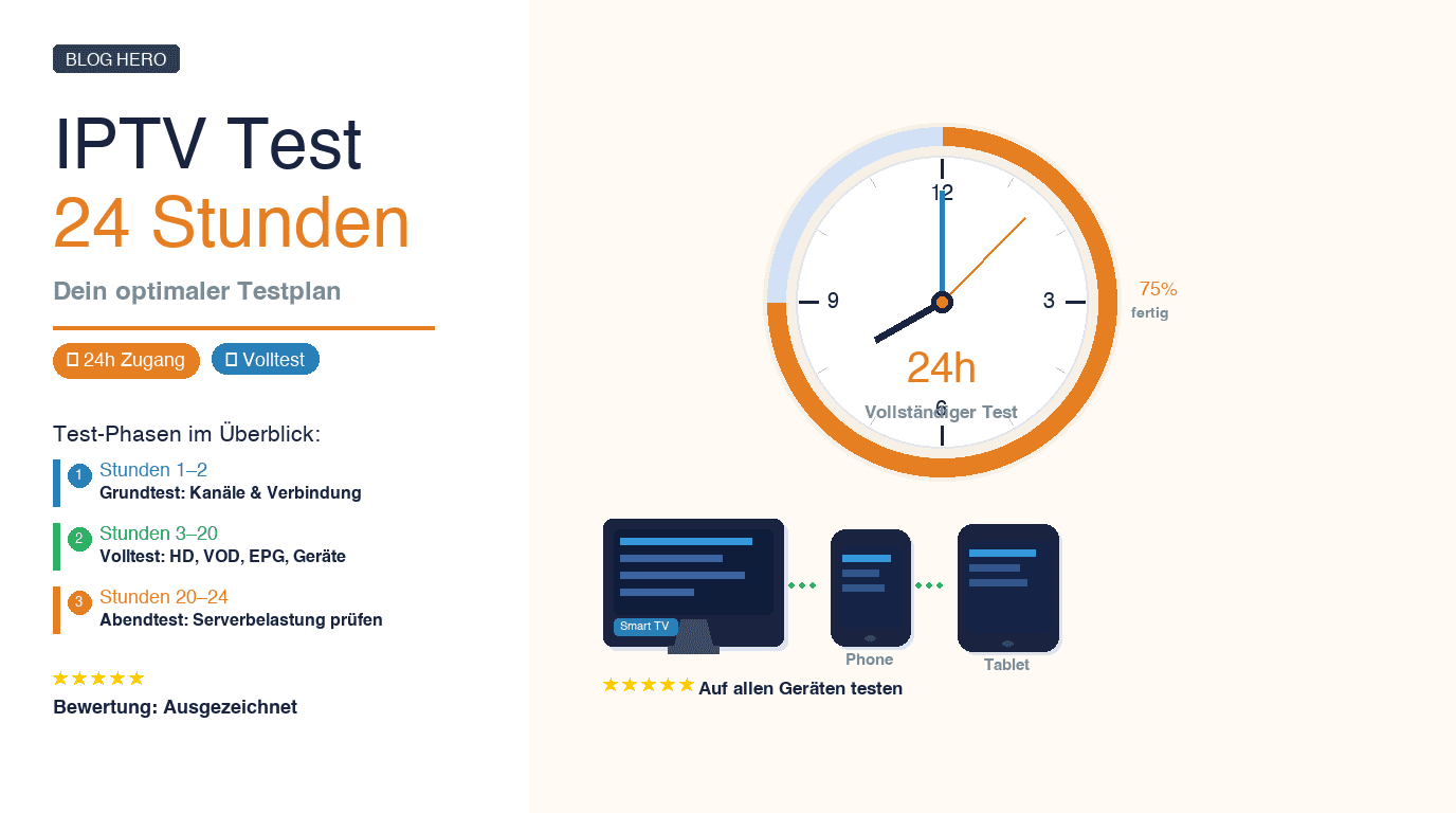 IPTV Test 24 Stunden – Optimale Teststrategie IPTV Test 24h 2026: Analoguhr mit orangem Fortschrittsring zeigt 24-Stunden-Testzeitraum – Smart TV, Smartphone und Tablet